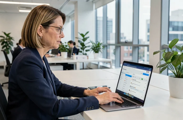 Femme professionnelle accédant à sa messagerie Zimbra sur un ordinateur portable dans un bureau administratif moderne
