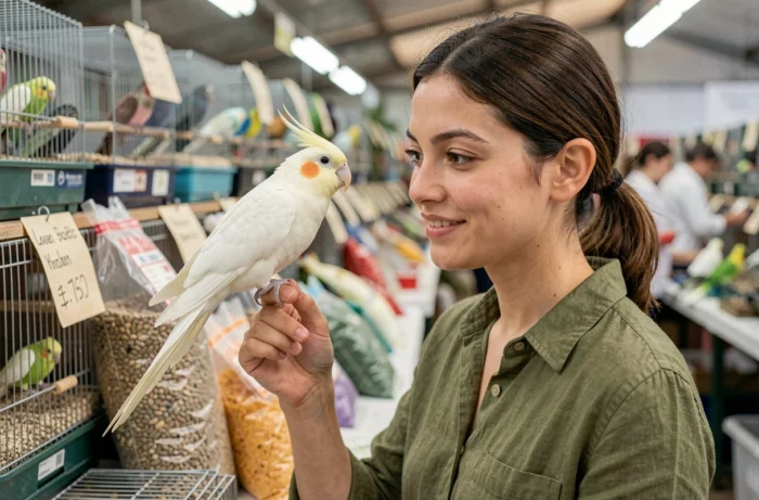 Jeune femme tenant une calopsitte perle sur le doigt dans un marché animalier, évaluant l'oiseau avant achat