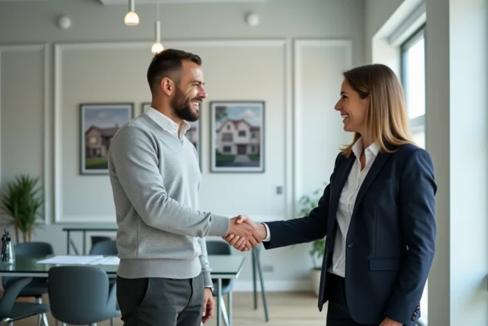 Homme signant son premier achat immobilier en serrant la main d'un agent immobilier dans une agence moderne