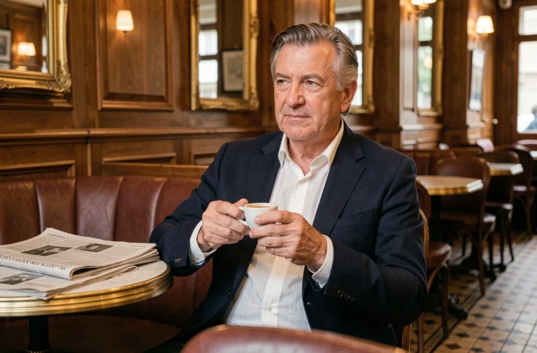 Acteur français d'âge mûr assis dans un café parisien authentique, exprimant une profonde réflexion dans une ambiance brasserie classique