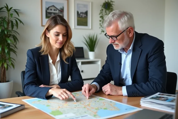 Agent immobilière conseillant un client sur une carte des quartiers d'Eure-et-Loir dans une agence de Chartres