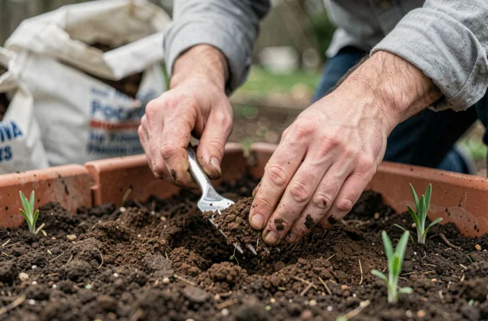 Gros plan de mains masculines mélangeant du compost organique dans la terre d'un massif de jardin au printemps avec une fourche à main en acier