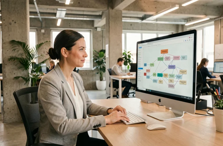Femme professionnelle analysant un sitemap de site web sur un écran d'ordinateur dans un bureau moderne