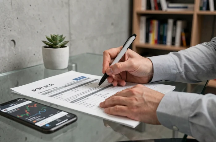 Mains annotant un rapport de performance SCPI sur un bureau minimaliste à domicile