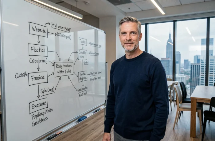 Développeur web présentant l'architecture d'un sitemap sur un tableau blanc dans un espace de coworking