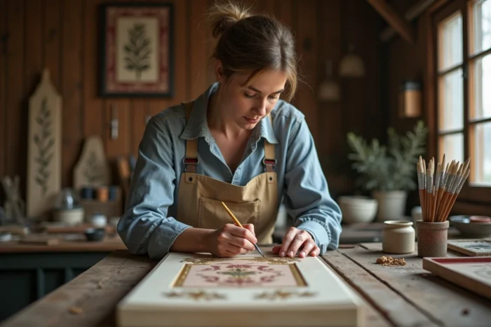 Artisane flamande appliquant de la feuille d'or sur un panneau de bois peint dans un atelier traditionnel