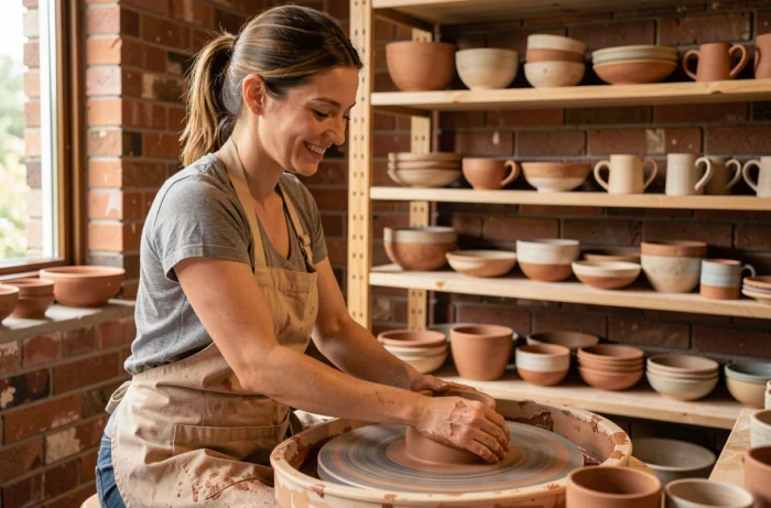 Femme en train de façonner un pot en argile sur un tour de poterie dans un atelier artisanal chaleureux