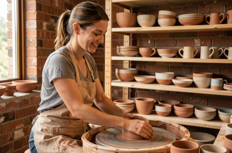 Femme en train de façonner un pot en argile sur un tour de poterie dans un atelier artisanal chaleureux