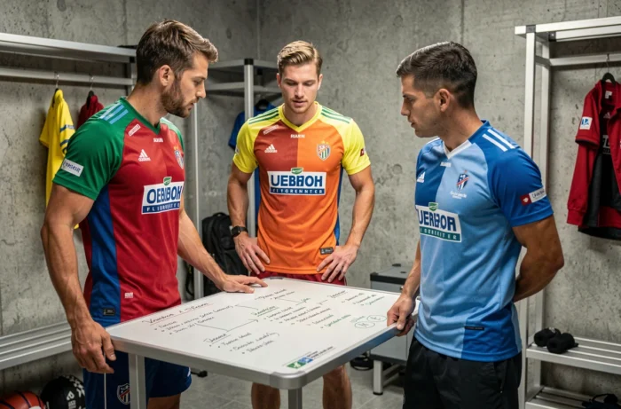 Trois footballeurs en tenue de match discutant d'une stratégie dans un vestiaire sportif moderne