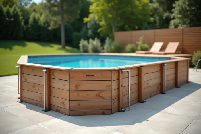 Bardage en lames de bois composite sur ossature métallique habillant le tour d'une piscine hors sol dans un jardin résidentiel