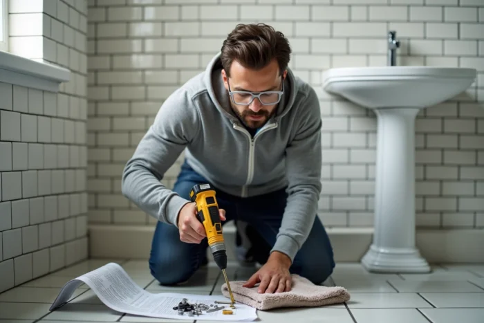 Homme installant une barre porte-serviette dans une salle de bain lors d'un projet de bricolage maison