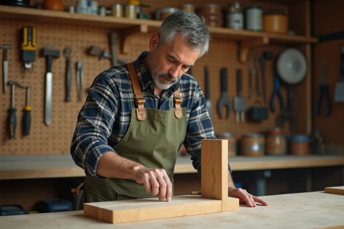 Bricoleur expérimenté dans son atelier en train d'assembler une étagère en bois entouré d'outils organisés