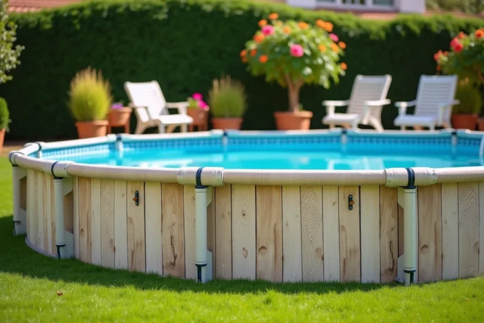 Brise-vue imprimé à motif bois ou végétal fixé autour d'une piscine hors sol dans un jardin ensoleillé avec chaises longues et fleurs colorées