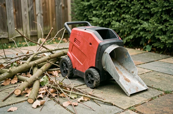 Broyeur de végétaux électrique Lidl posé sur un patio en pierre entouré de branches et feuilles à broyer