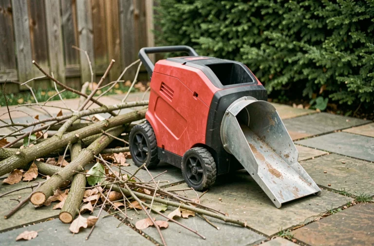Broyeur de végétaux électrique Lidl posé sur un patio en pierre entouré de branches et feuilles à broyer