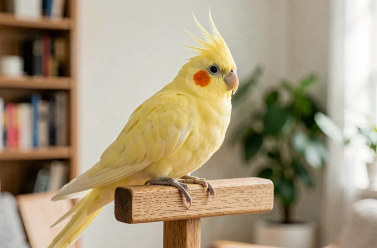 Calopsitte lutino jaune perchée sur un support en bois dans un salon, montrant ses joues orangées et sa huppe déployée
