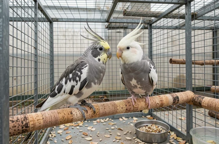 Calopsitte pie et calopsitte whiteface côte à côte sur un perchoir en liège dans une volière, illustrant deux mutations différentes