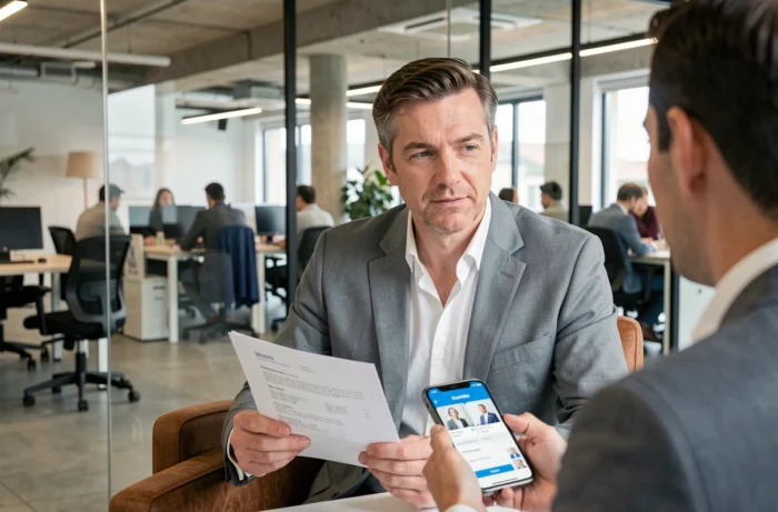 Candidat en entretien d'embauche dans un bureau moderne avec CV et application de recherche d'emploi sur smartphone