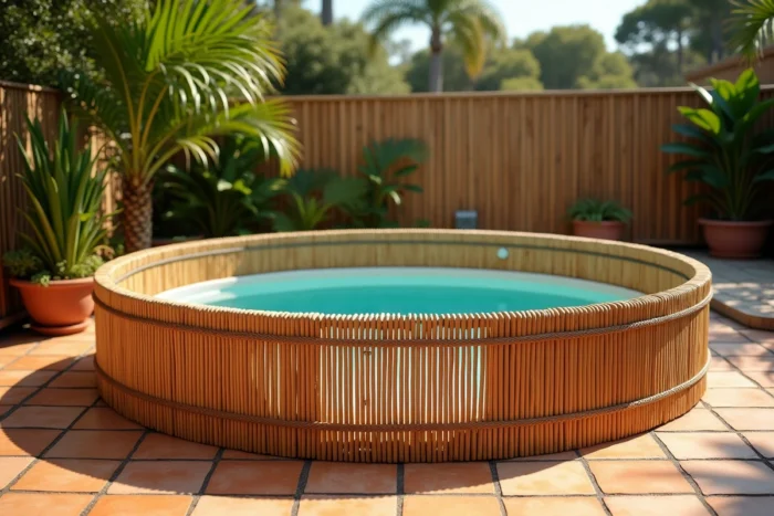 Canisse en bambou naturel roulée et fixée autour d'une piscine hors sol ronde dans un jardin ensoleillé avec plantes tropicales