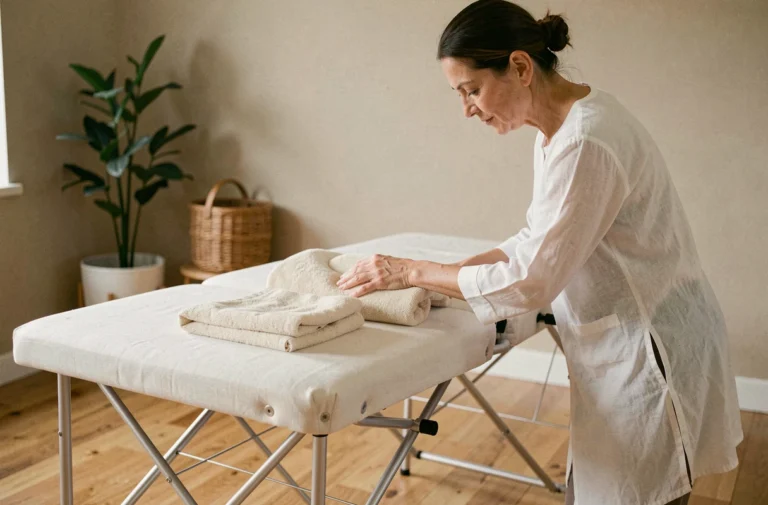 Femme ajustant l'appuie-tête d'une table de massage portable professionnelle dans un salon à domicile avec parquet en bois