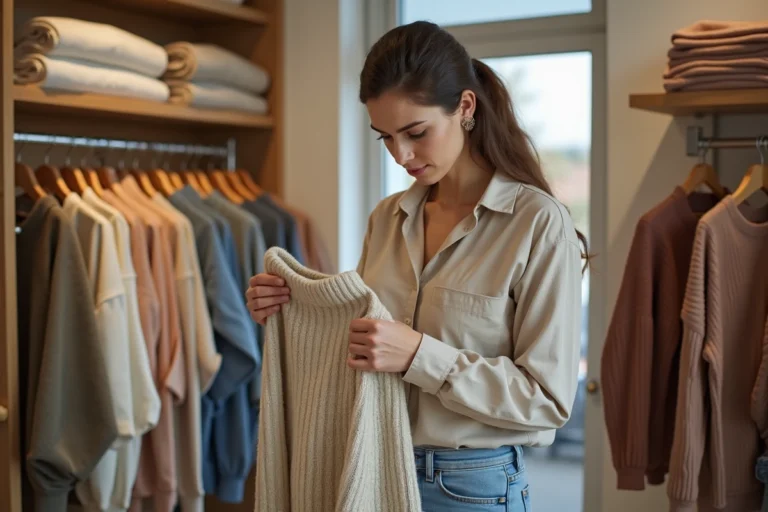 Femme en train d'examiner l'étiquette et la qualité d'un pull dans un magasin de vêtements pour faire le bon choix