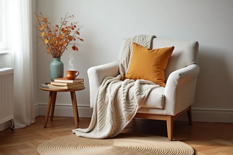 Coin salon cosy avec fauteuil en lin, plaid tricoté et mug en céramique dans un intérieur scandinave