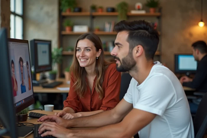 Deux collègues analysant ensemble une session de streaming en direct sur un ordinateur dans un espace de coworking moderne