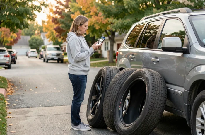 Femme comparant des pneus toutes saisons devant un SUV familial dans une allée résidentielle