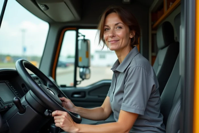 Femme conductrice assise dans la cabine d'un camion de déménagement 12m3, mains sur le volant, vue intérieure réaliste