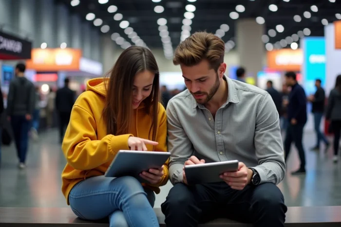 Deux jeunes professionnels comparant les nouvelles tendances informatiques sur des tablettes lors d'une conférence technologique
