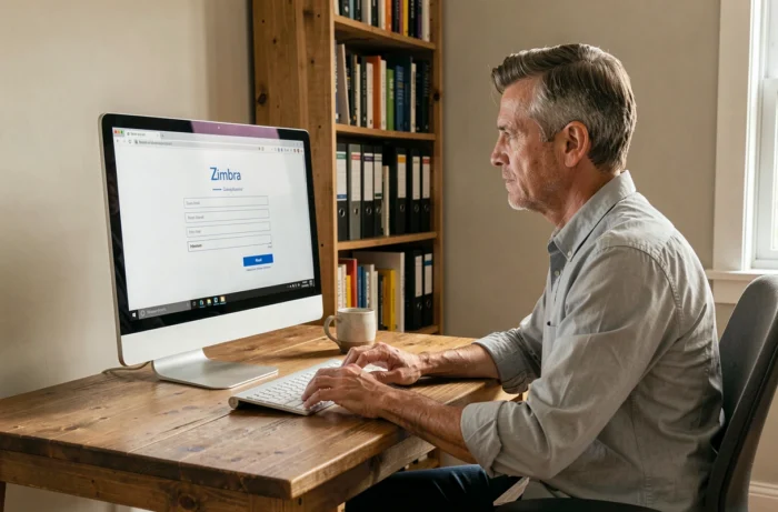 Homme se connectant à la messagerie Zimbra CD66 depuis son bureau à domicile sur un ordinateur de bureau