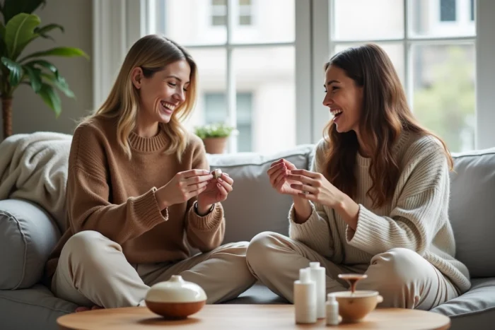 Deux femmes comparant des produits de soin sur un canapé, partage de conseils beauté entre amies