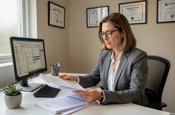 Consultante en recrutement analysant des portfolios de candidats qualifiés dans un bureau d'agence de placement