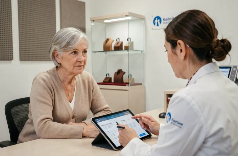 Consultation audiologique entre une femme senior et un spécialiste dans une clinique moderne, comparaison des services Audika et Amplifon