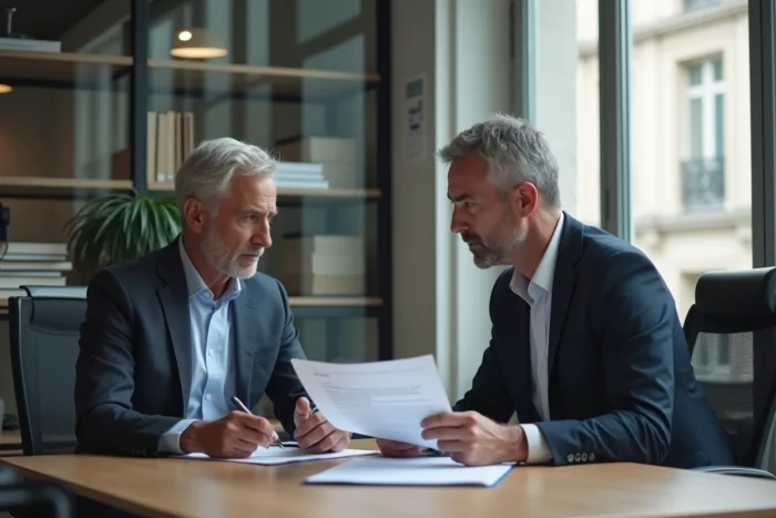 Homme consultant un conseiller fiscal dans un bureau notarial parisien pour optimiser sa situation immobilière