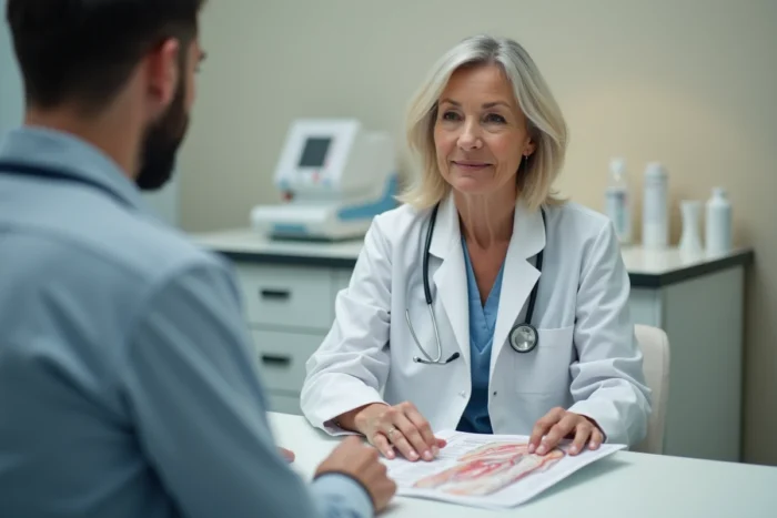 Médecin en consultation expliquant les causes neurologiques d'une décharge électrique dans la tête à une patiente