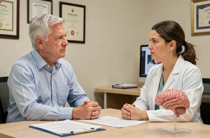 Patient senior en consultation médicale discutant des critères pour reprendre la conduite après un AVC