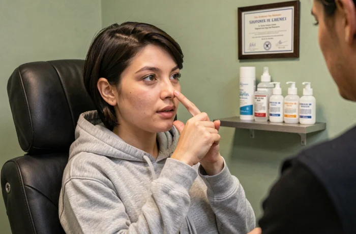 Jeune femme en consultation avant un piercing du nez dans un studio à Montluçon