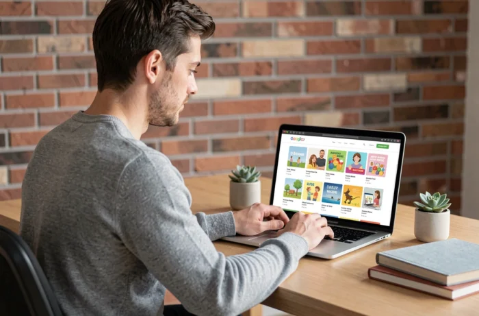Homme consultant un site web de ressources pour l'enfance sur un ordinateur portable dans un bureau minimaliste moderne
