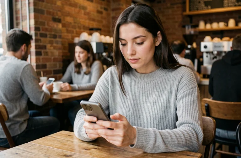 Jeune femme consultant discrètement des stories Instagram sur son smartphone dans un café