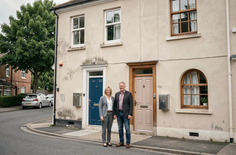 Deux copropriétaires devant un immeuble en copropriété verticale à deux lots avec entrées séparées
