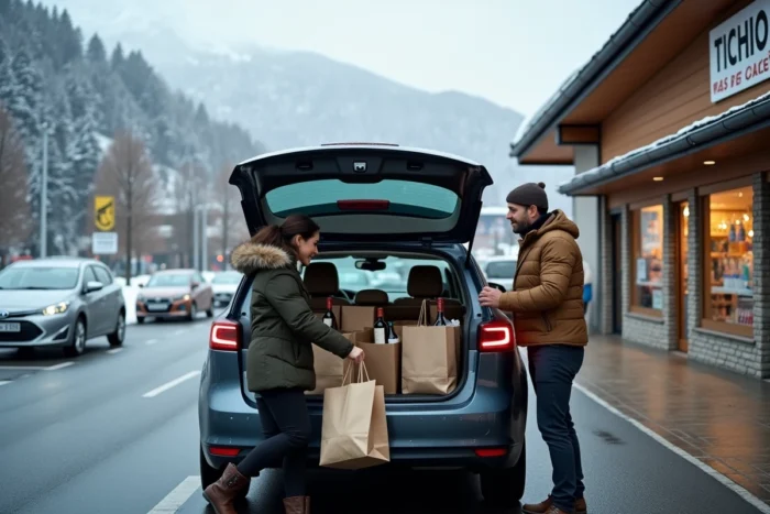 Couple chargeant des achats dans le coffre de leur voiture devant un centre commercial au Pas de la Case en Andorre avec les montagnes en arrière-plan