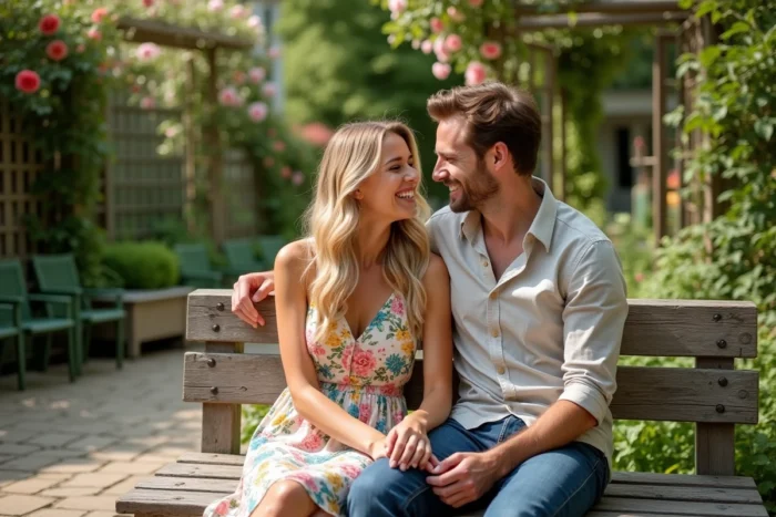 Couple souriant assis dans un jardin botanique, représentant une relation amoureuse complice et détendue en extérieur