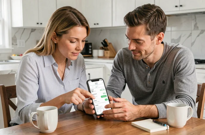 Couple consultant ensemble une application de finances personnelles sur smartphone dans une cuisine moderne