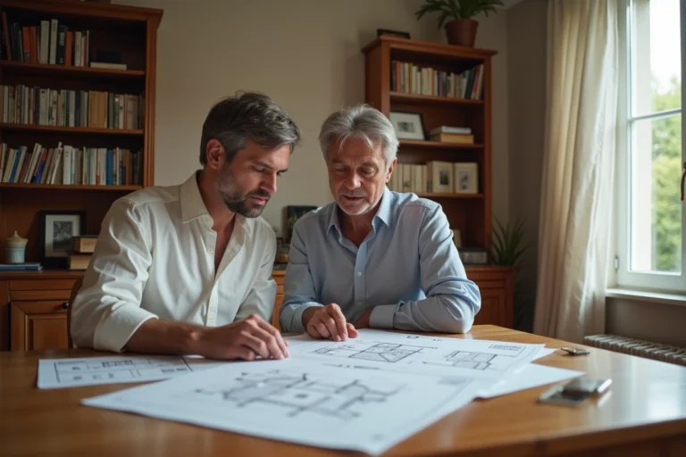 Couple examinant des documents immobiliers pour deux résidences principales sur une table en bois
