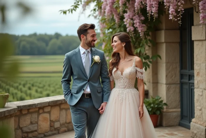 Couple de mariés élégants sur la terrasse d'un château de campagne française entouré de glycines et de vignes