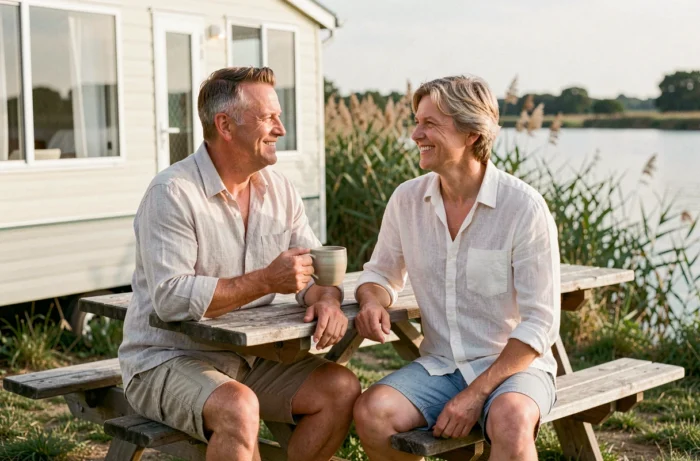 Couple profitant de leur parcelle de mobil-home au bord de l'eau en Vendée par une journée ensoleillée