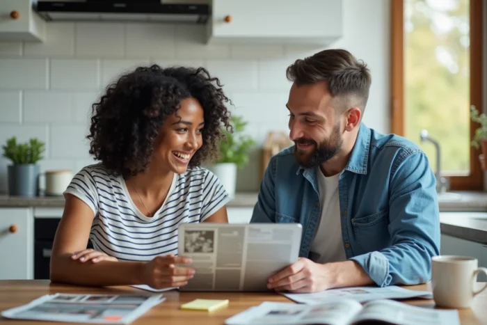 Couple de parents consultant des magazines et un ordinateur portable à la table de cuisine pour se tenir informés des dernières actualités parentales