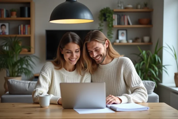 Couple de parents modernes planifiant leur organisation familiale ensemble autour d'une table en bois dans un intérieur scandinave chaleureux
