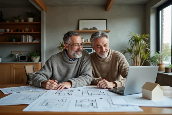 Couple planifiant leur premier investissement immobilier autour de plans et d'un ordinateur portable sur une table en bois
